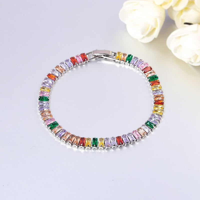CiNily Adjustable Tennis Bracelets for Women Teen Girls Rainbow Cubic Zirconia Bracelet 14K White Gold Plated Hypoallergenic Slider Bracelet Jewelry Gift - Image 5